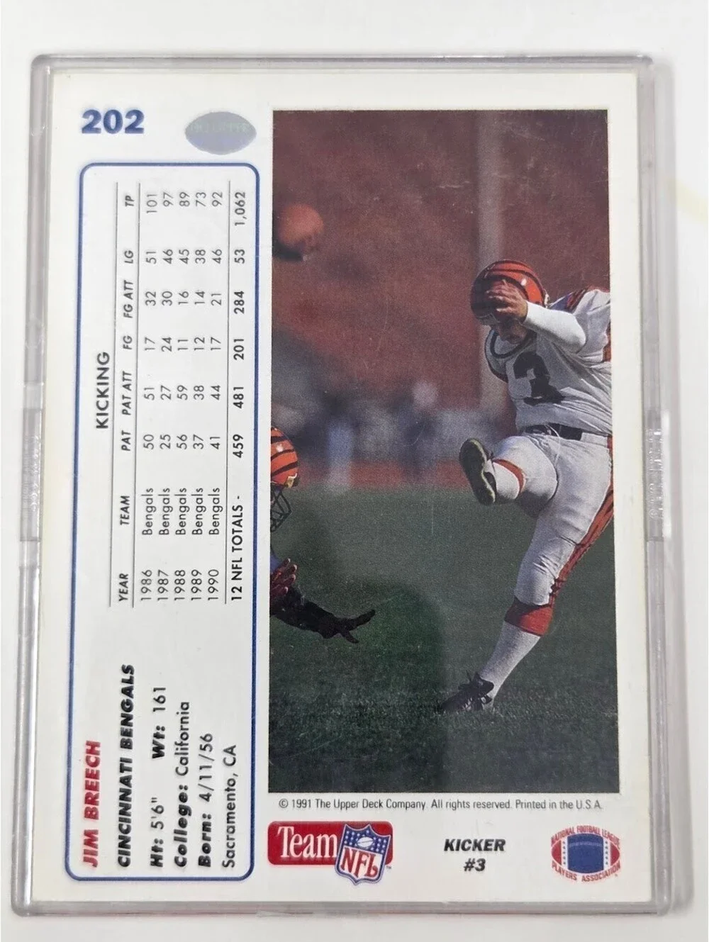 1991 Upper Deck Jim Breech Bengals Signed Football Card Kicker Auto NFL